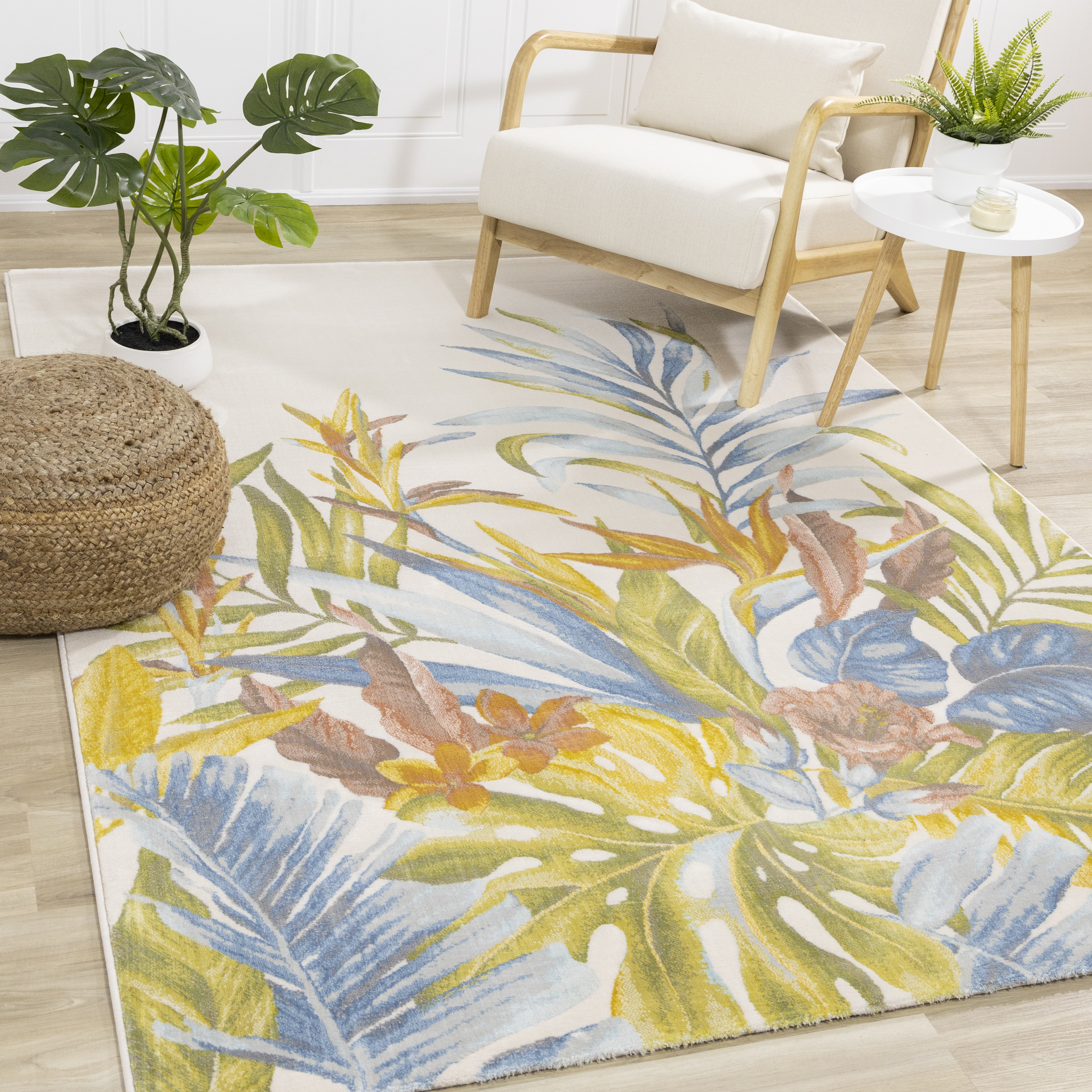 Belle Blue Pink Yellow Green Tropical Plant Rug, 7'10" x 10'10"