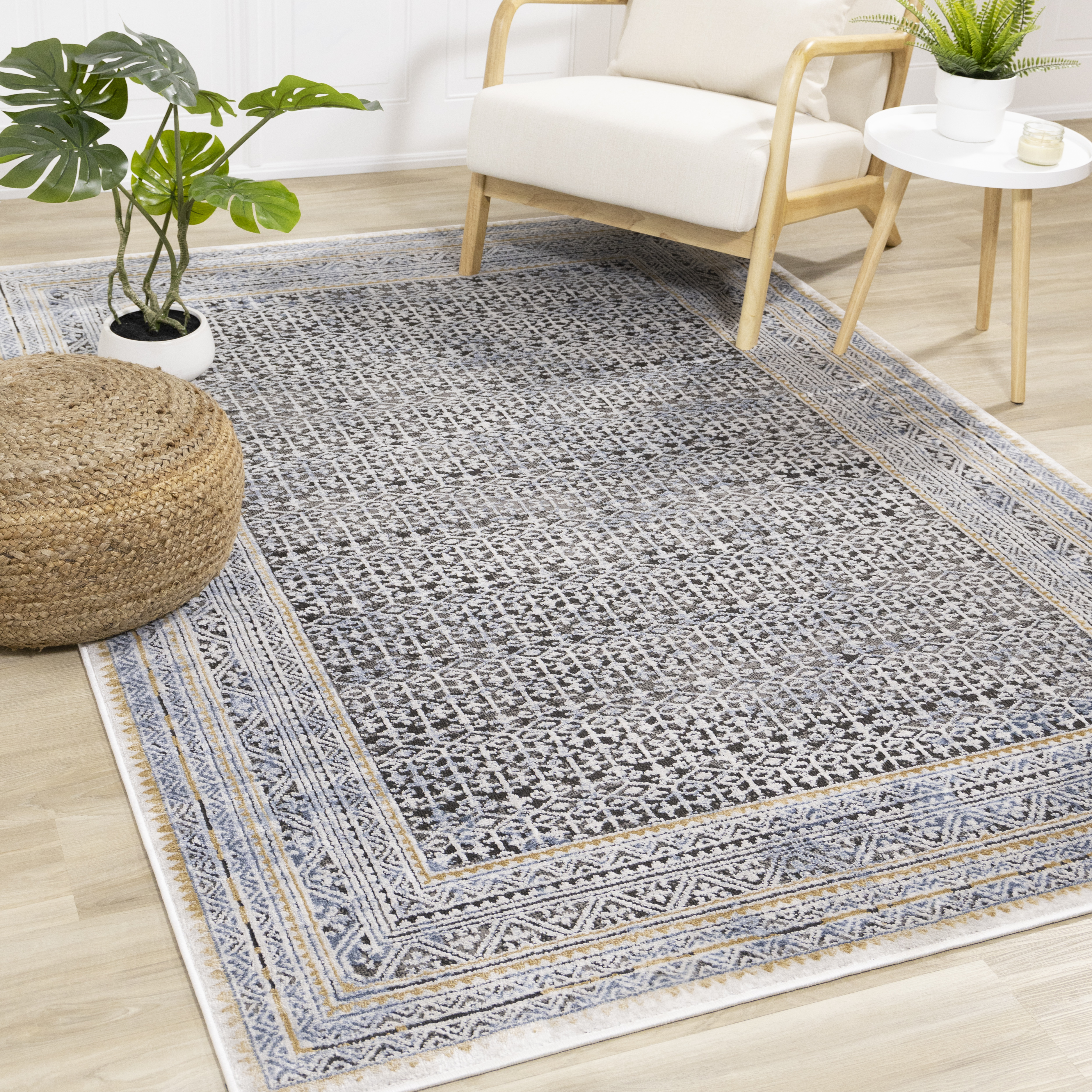 Darcy Blue Grey Brown Iridescent Traditional Plush Rug, 5'3" x 7'7"