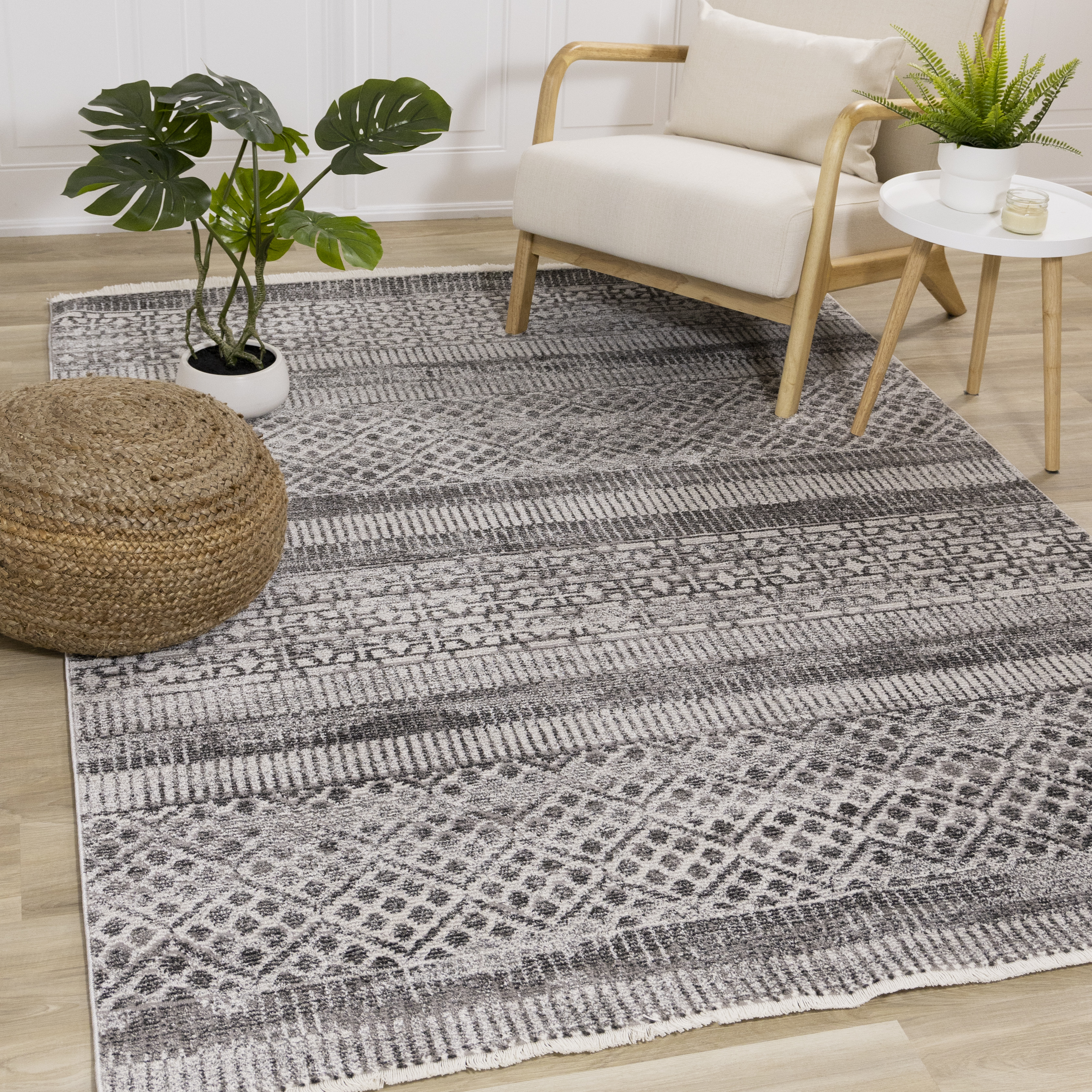 Evora Grey Banded 
Patterns Rug, 2'1" x 3'7"