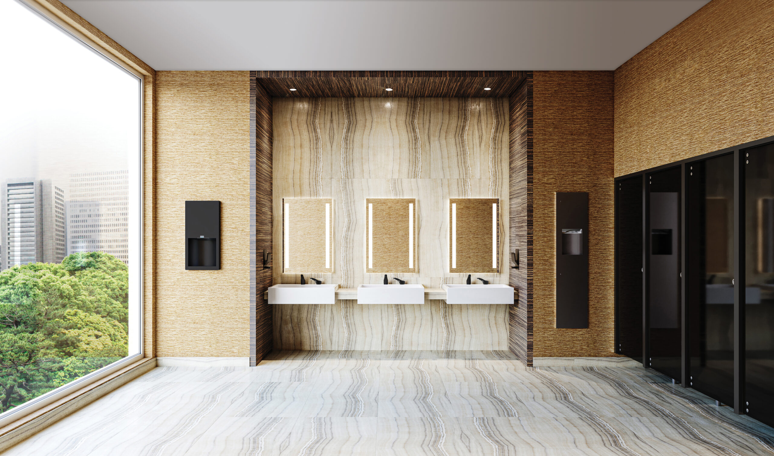 Baño comercial equipado con accesorios Bobrick — dispensadores, espejos y barras de seguridad en acero inoxidable coordinados