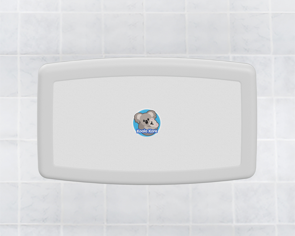 Cambiador de pañales Koala Kare KB300 en plástico HDPE montado en superficie, color blanco granito, para baños comerciales de alto tráfico