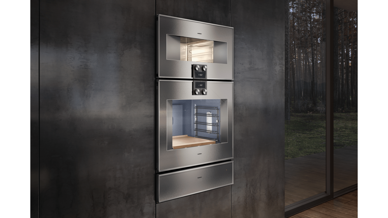 Horno empotrado Gaggenau Serie 400 en acero inoxidable con mandos de iluminación naranja, disponible a través de Artexa México