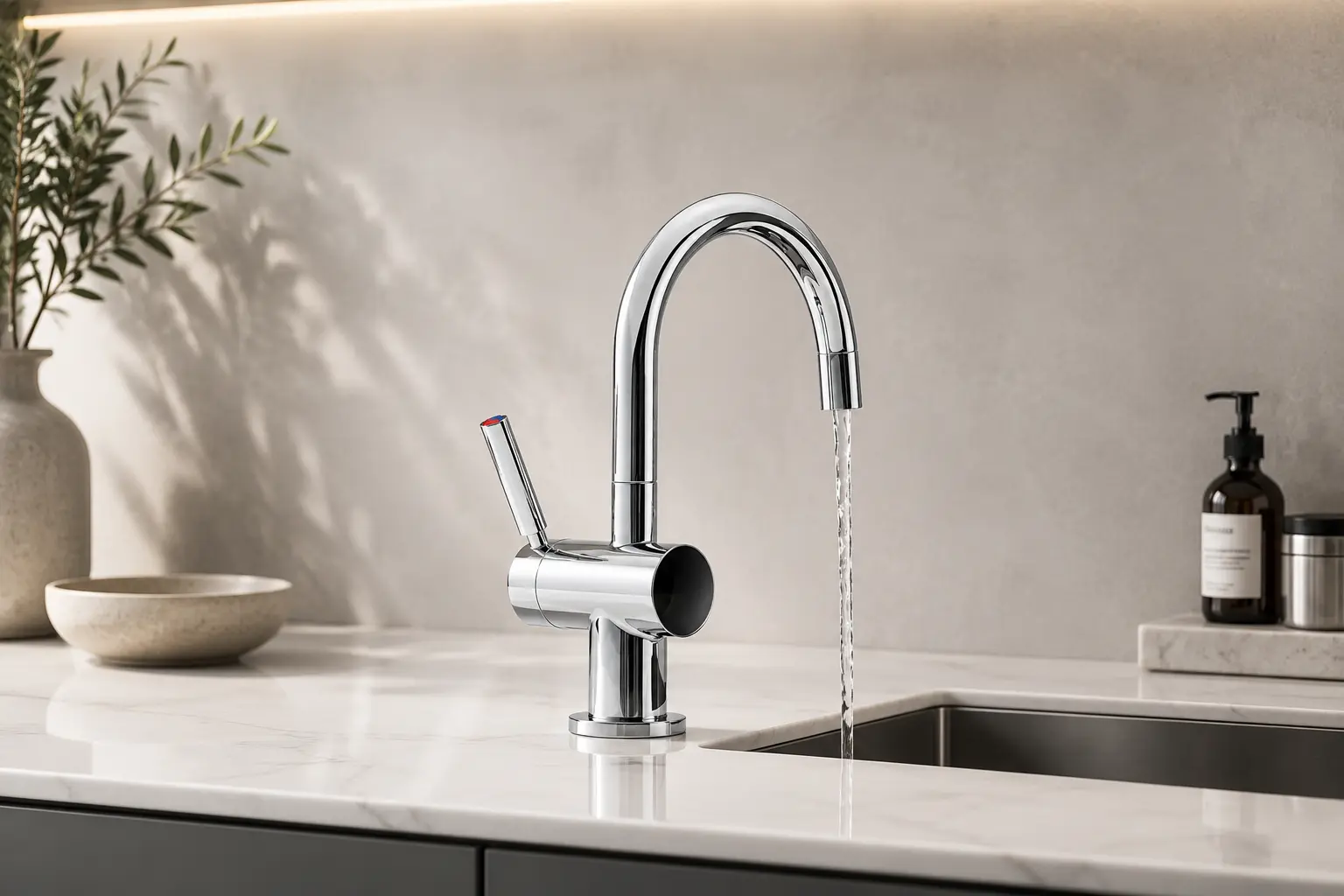 InSinkErator dispensador de agua caliente instantánea — grifo dedicado con agua casi hirviendo a 98°C, tanque y filtro bajo la tarja