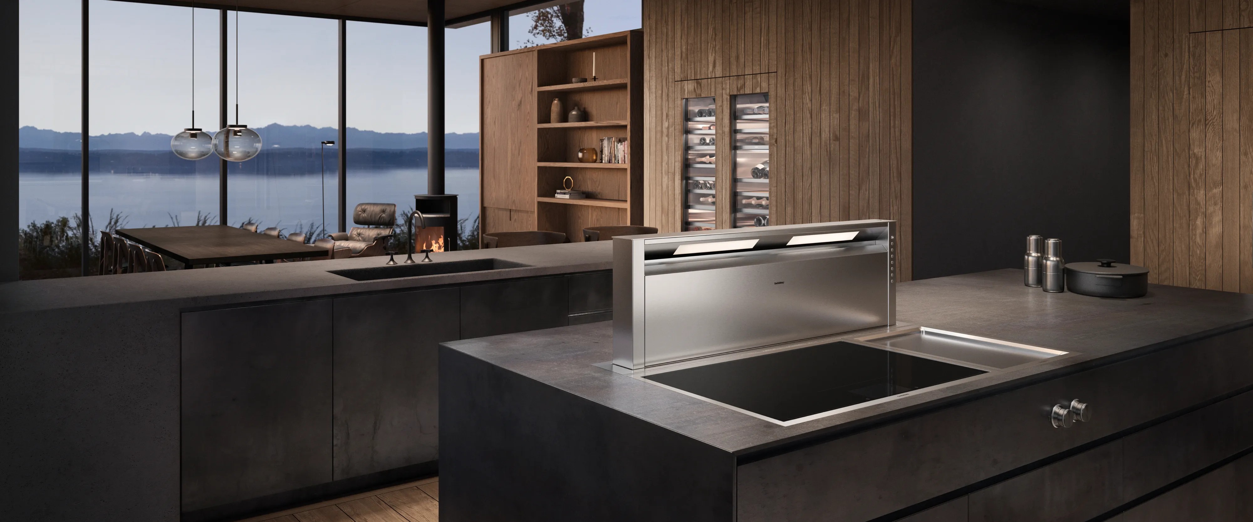 Cocina Gaggenau Serie 400 con mandos sólidos de acero inoxidable e iluminación naranja, disponible a través de Artexa México