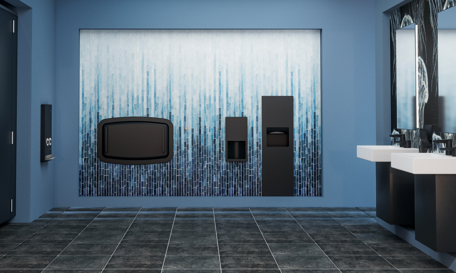 Bobrick TrimLineSeries — accesorios para baños comerciales contemporáneos, líneas limpias, negro mate y acero satinado