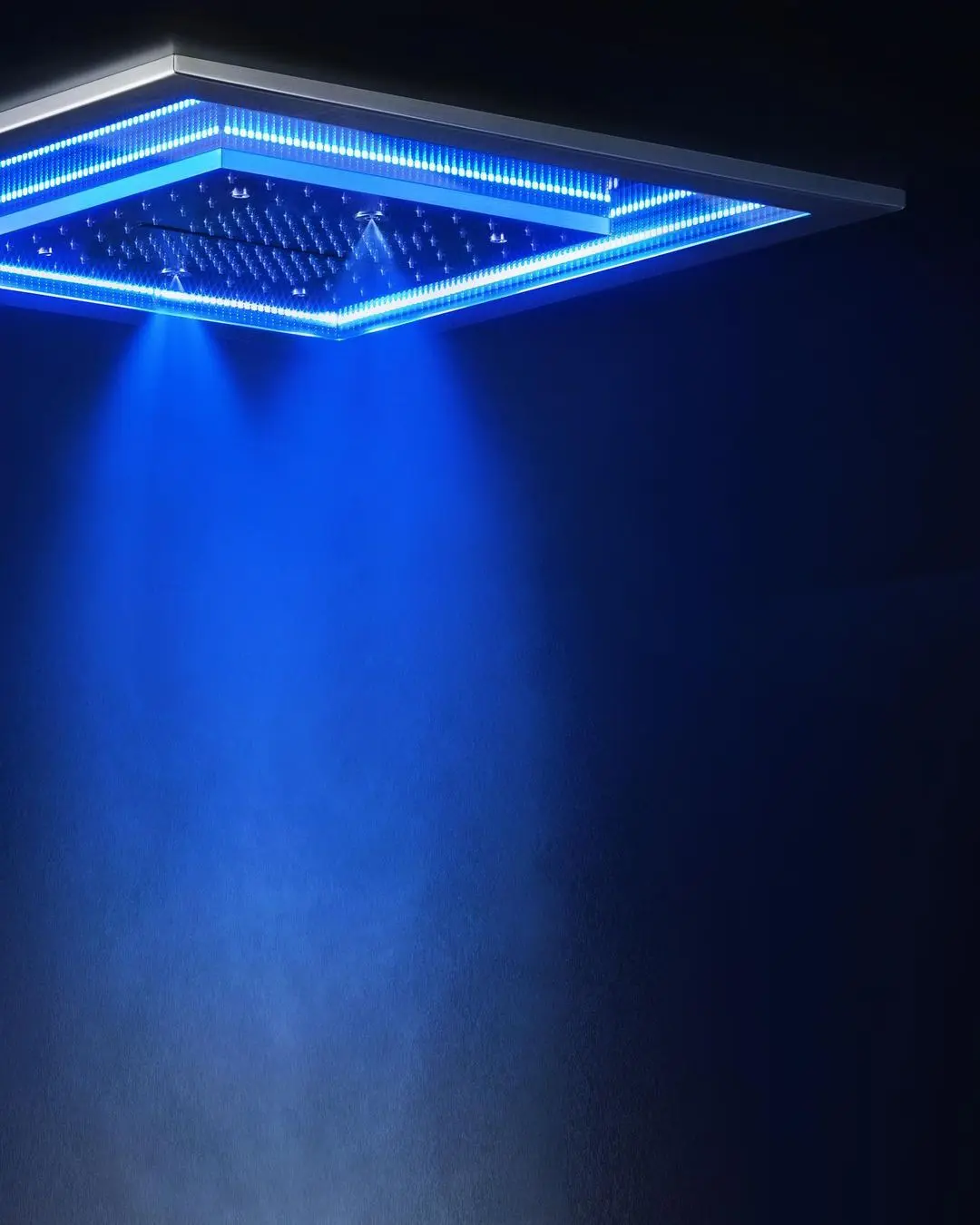 Detalle de sistema de ducha cenital Gessi Longevity con vapor y cromoterapia