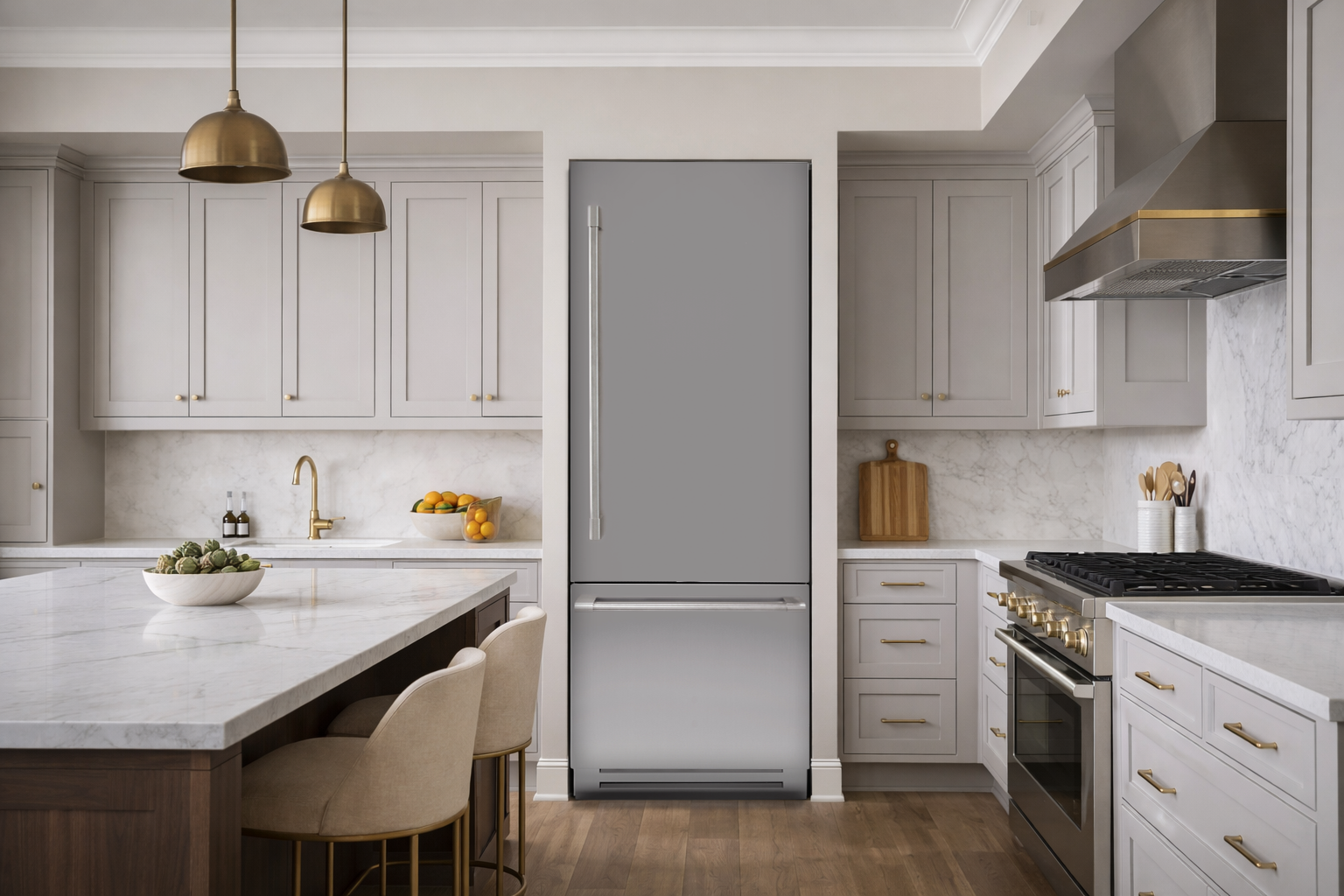 Ambiente de cocina Benessi con refrigeración integrada — el espacio de comer bien