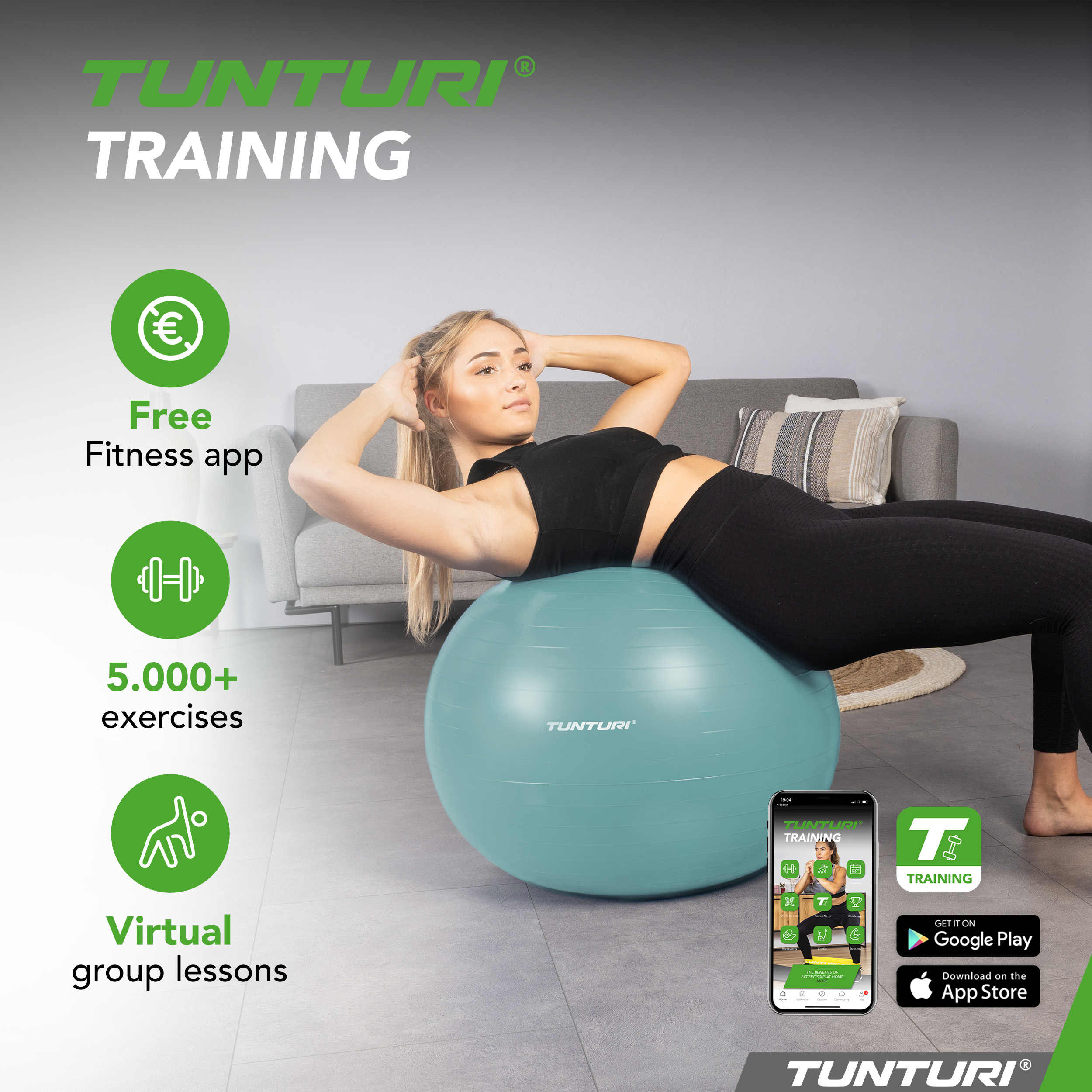 Gymball - Anti Burst - Including Pump - Petrol - Tunturi New