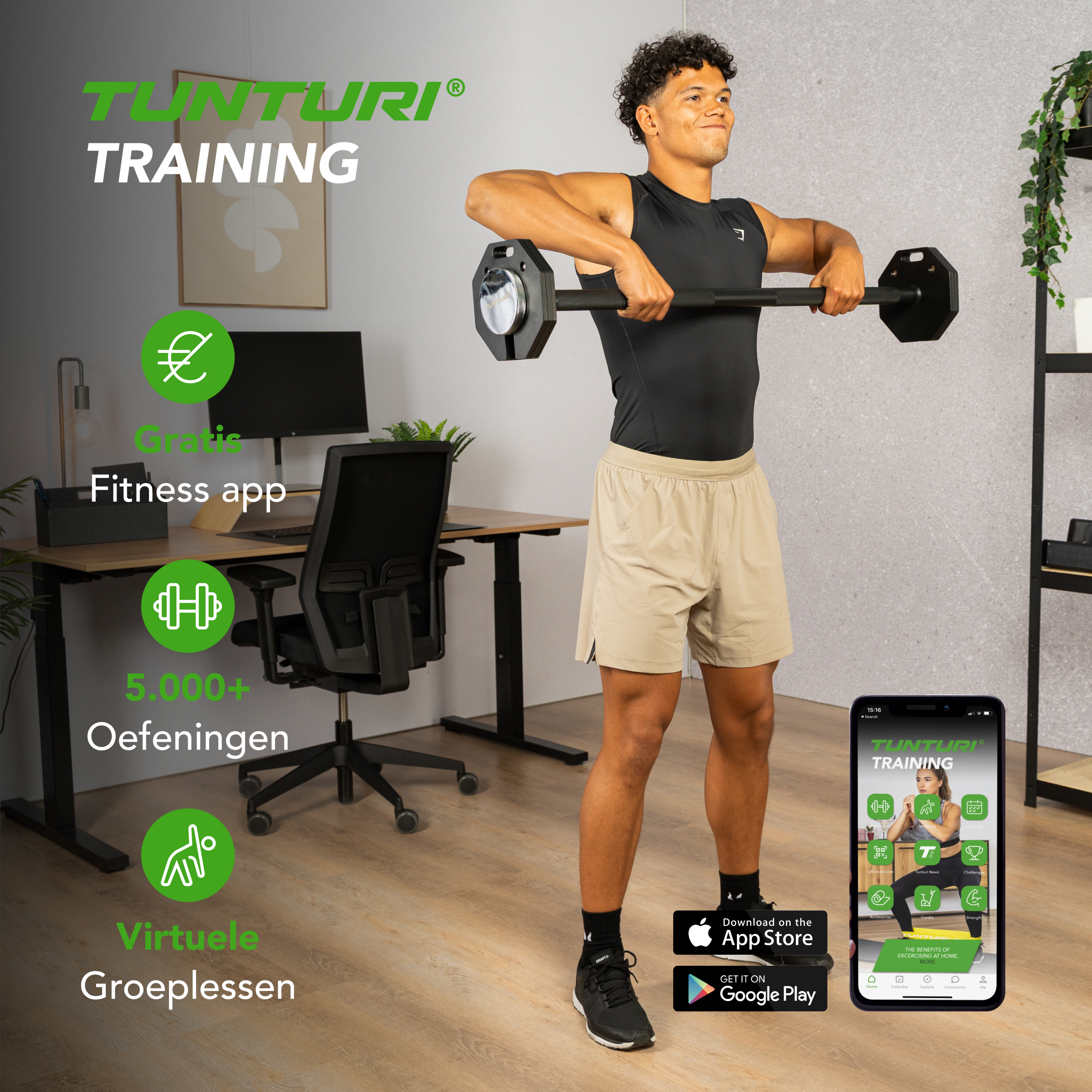 Tuntur Halterset l 50 kg l Dumbellset met 1 lange en 2 korte stangen