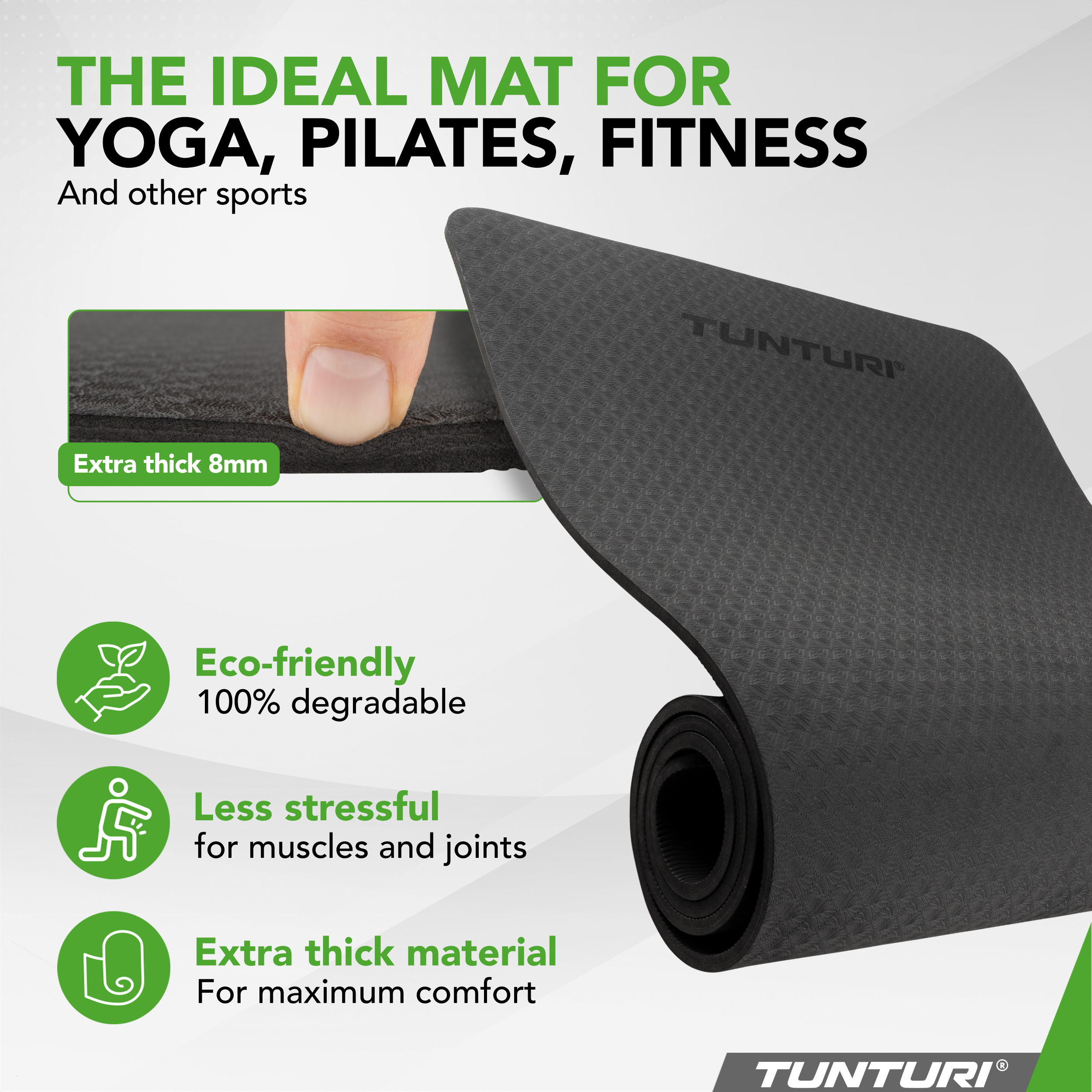 Yoga mat 8mm Pilates Mat Extra Thick Fitness Mat Black Tunturi New Fitness B.V
