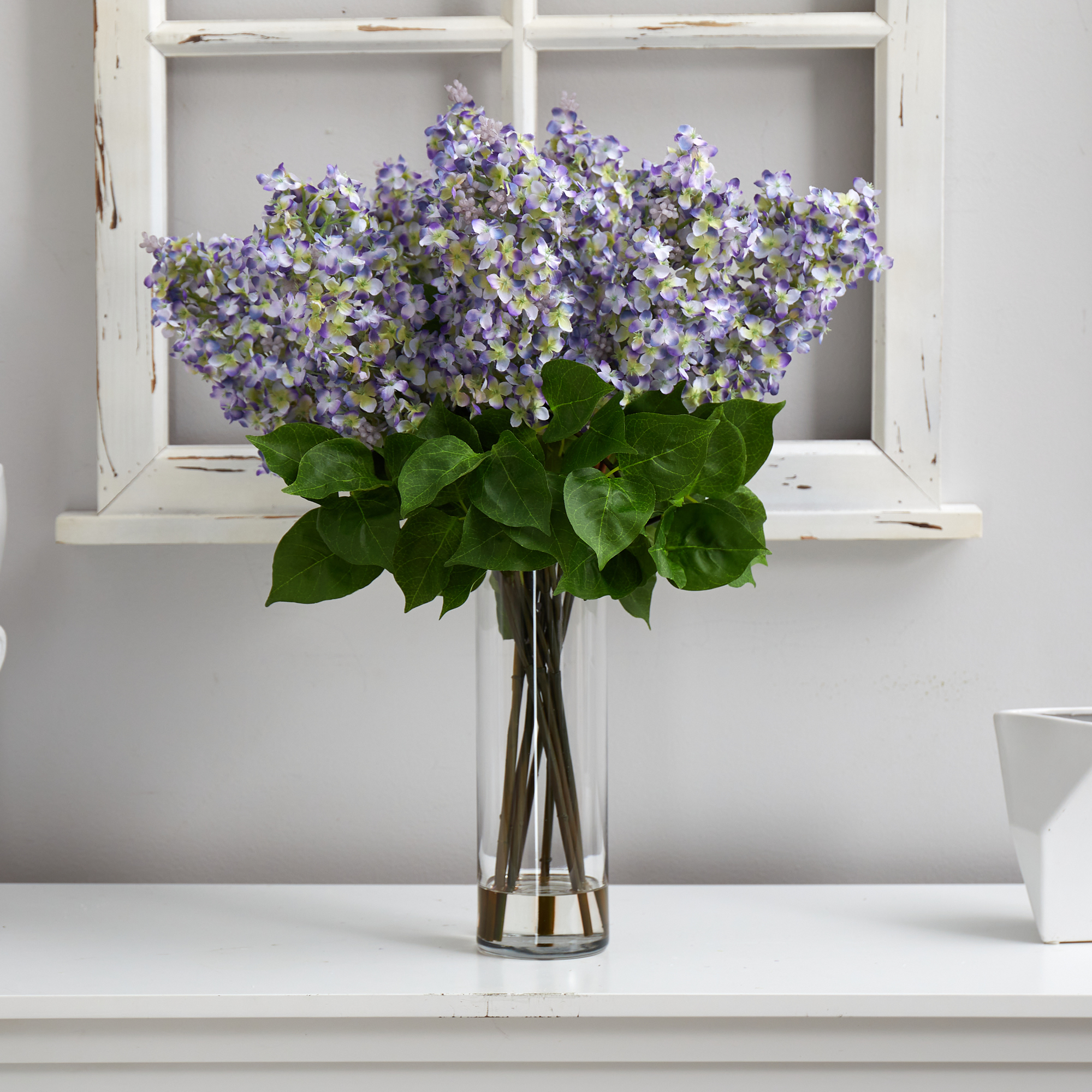 Nearly Natural 24-in Artificial Lilac Arrangement with Cylinder Glass Vase - Picture 9 of 10