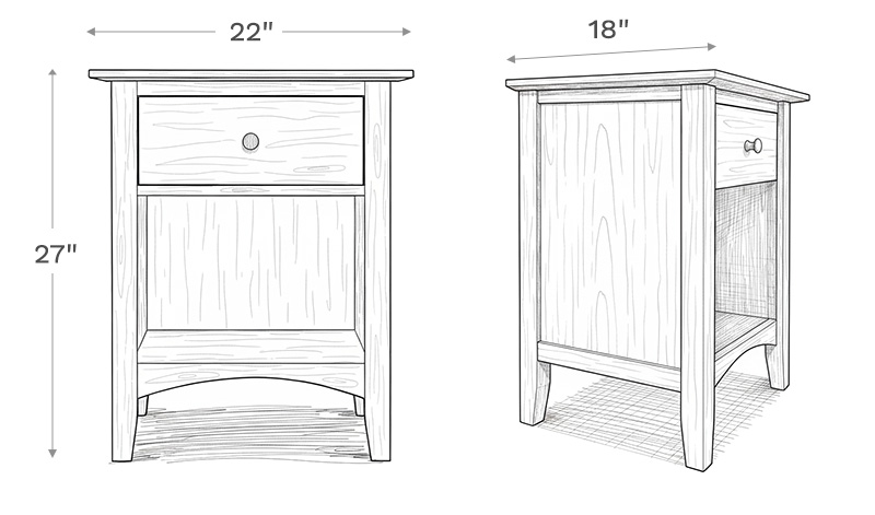 Line drawing depiction of the nightstand showing the main product dimensions including height, width, and depth of the nightstand.