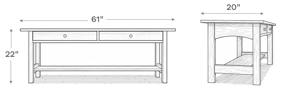 Line drawing depiction of the coffee table showing the main product dimensions including height, width, and depth of the coffee table.