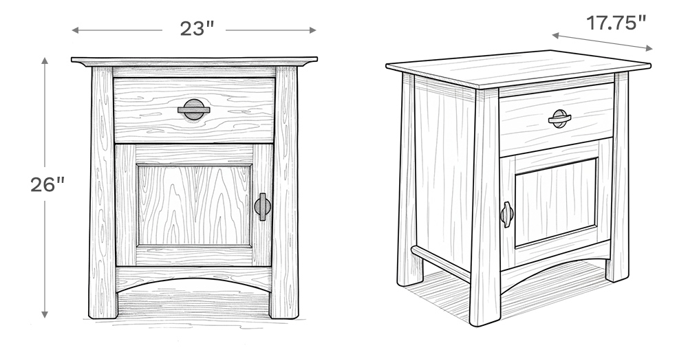 Line drawing depiction of the nightstand showing the main product dimensions including height, width, and depth of the nightstand.