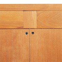 Detailed view of the back construction of a solid wood open console bookcase.