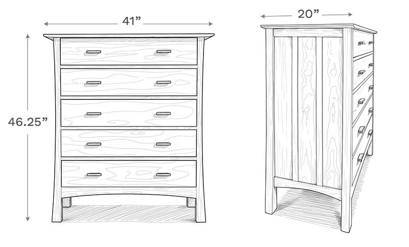 Line drawing depiction of the chest showing the main product dimensions including height, width, and depth of the chest.