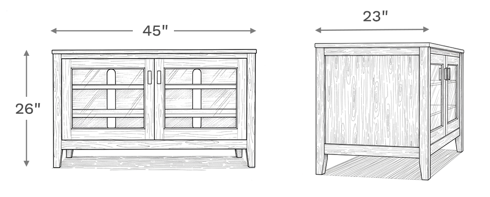 Line drawing depiction of the tv stand showing the main product dimensions including height, width, and depth of the tv stand.