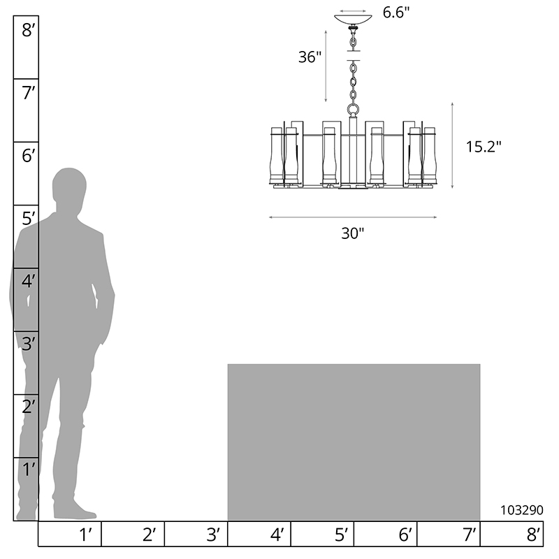 Line drawing of a chandelier, showing dimensions including height, width, and length, 30