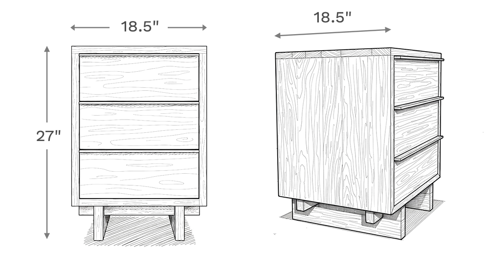 Line drawing depiction of the nightstand showing the main product dimensions including height, width, and depth of the nightstand.