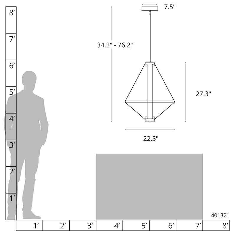 Line drawing of the light fixture showing its precise product dimensions.
