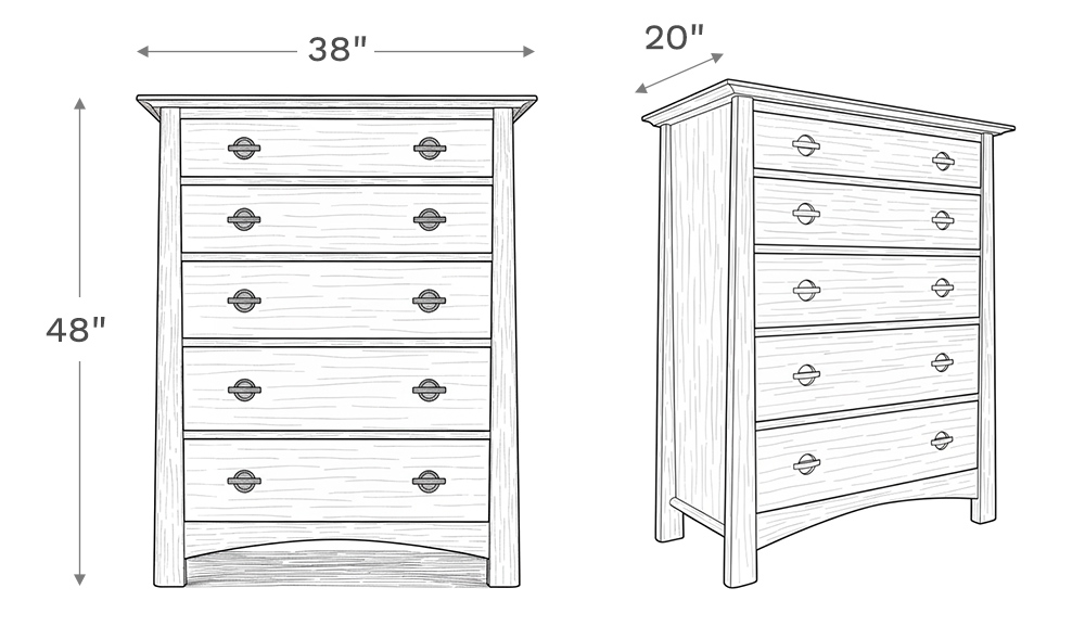 Line drawing depiction of the chest showing the main product dimensions including height, width, and depth of the chest.