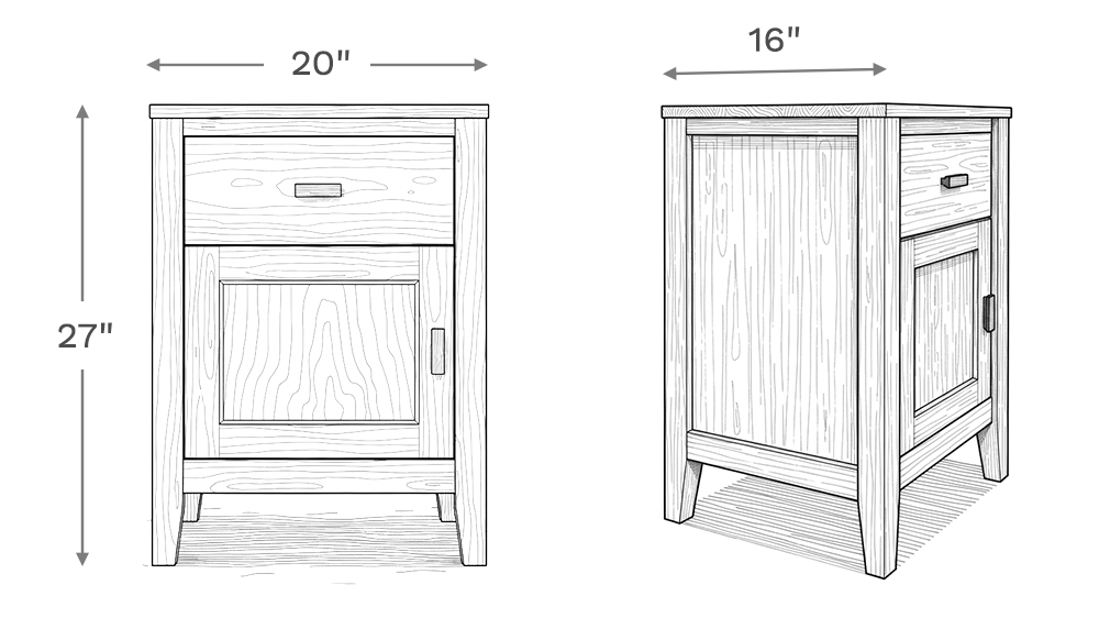 Line drawing depiction of the nightstand showing the main product dimensions including height, width, and depth of the nightstand.