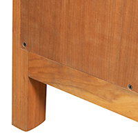 Detailed view of the leg construction of a solid wood open console bookcase.