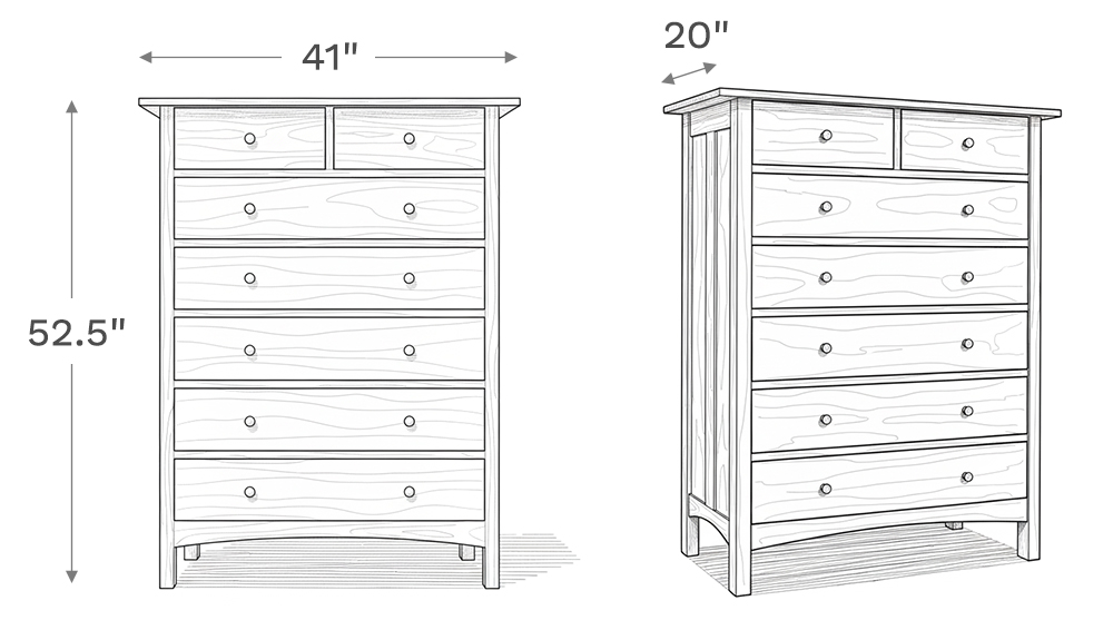 Line drawing depiction of the chest showing the main product dimensions including height, width, and depth of the chest.