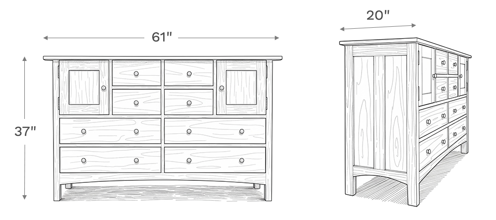Line drawing depiction of the dresser showing the main product dimensions including height, width, and depth of the dresser.