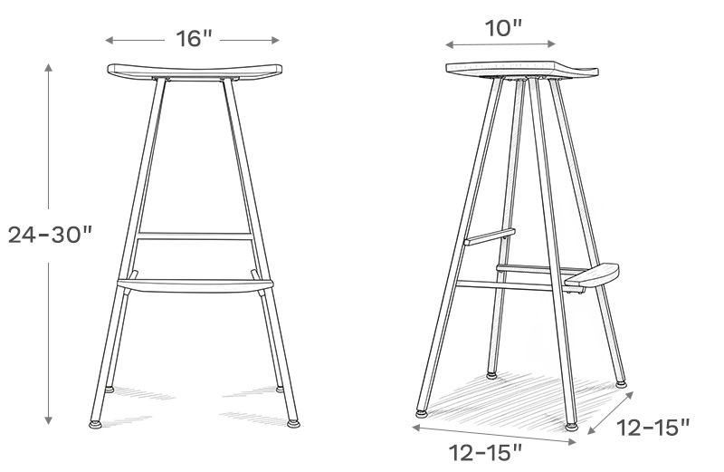 Line drawing depiction of the stool showing the main product dimensions including height, width, and depth of the stool.