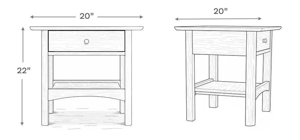 Line drawing depiction of the nightstand showing the main product dimensions including height, width, and depth of the nightstand.