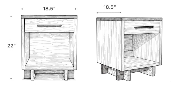 Line drawing depiction of the nightstand showing the main product dimensions including height, width, and depth of the nightstand.