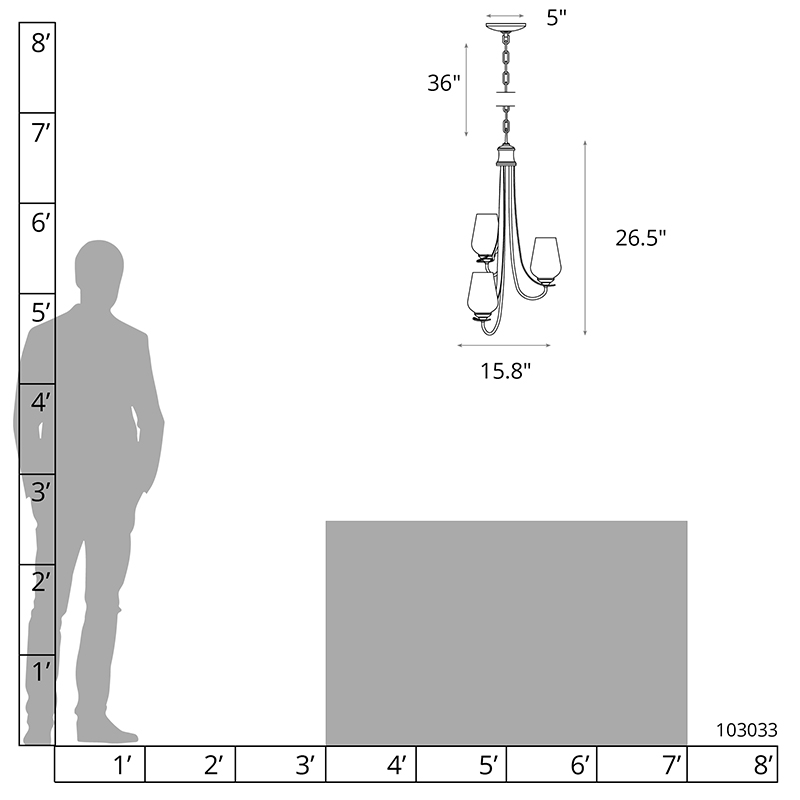 Four-light chandelier drawing with dimensions: 36