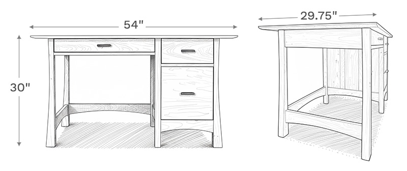 Line drawing depiction of the study desk showing the main product dimensions including height, width, and depth of the study desk.