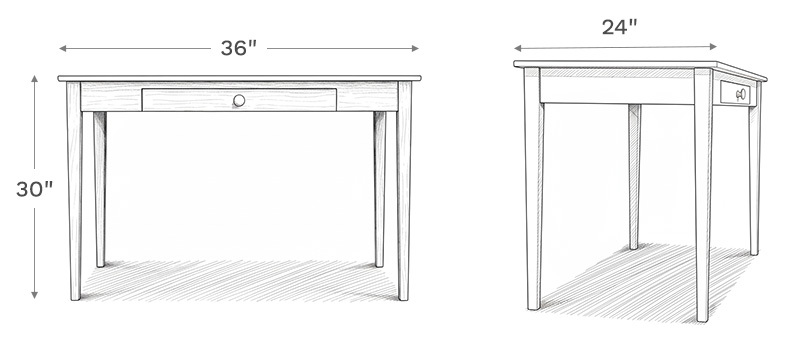 Line drawing depiction of the desk showing the main product dimensions including height, width, and depth of the desk.