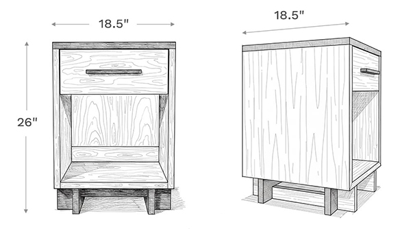 Line drawing depiction of the nightstand showing the main product dimensions including height, width, and depth of the nightstand.