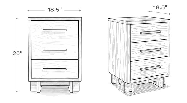 Line drawing depiction of the nightstand showing the main product dimensions including height, width, and depth of the nightstand.