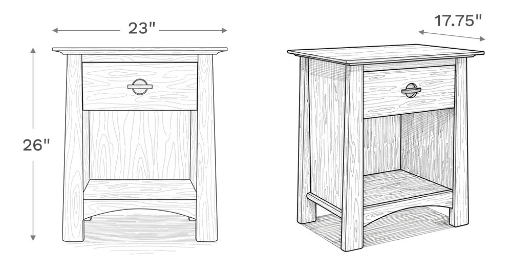 Line drawing depiction of the nightstand showing the main product dimensions including height, width, and depth of the nightstand.