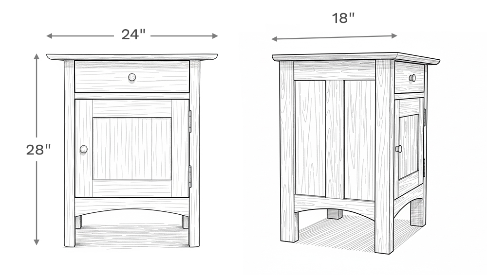 Line drawing depiction of the nightstand showing the main product dimensions including height, width, and depth of the nightstand.