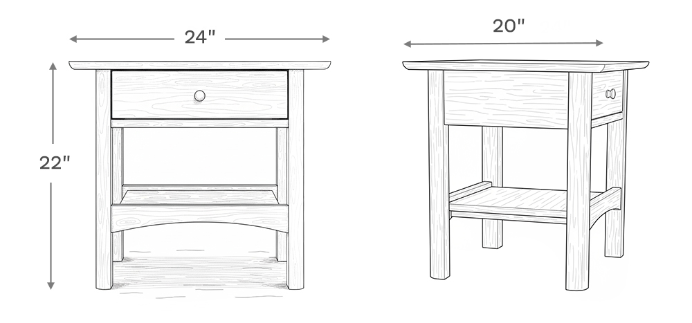 Line drawing depiction of the nightstand showing the main product dimensions including height, width, and depth of the nightstand.