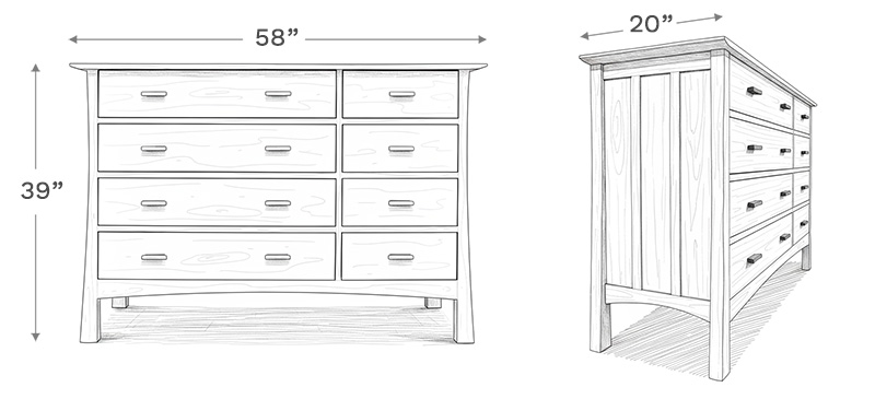 Line drawing depiction of the dresser showing the main product dimensions including height, width, and depth of the dresser.