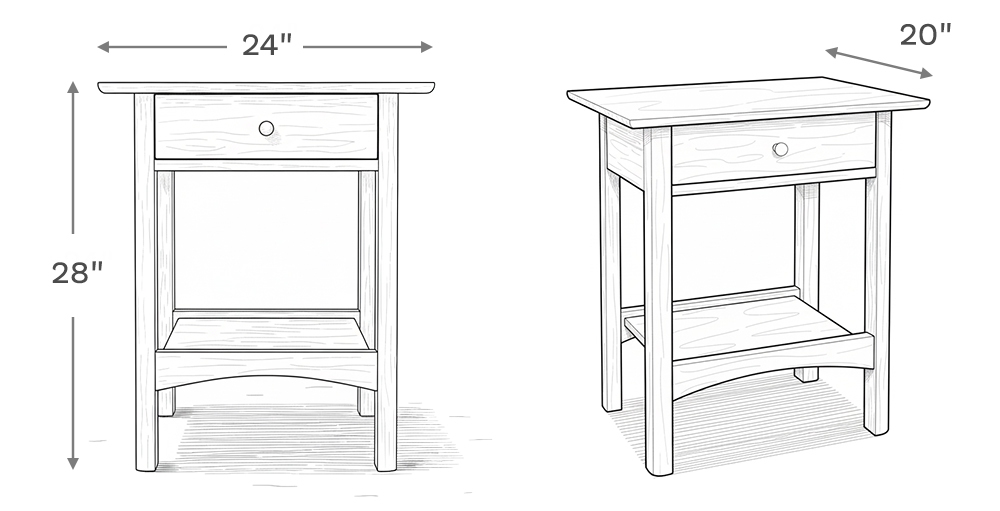 Line drawing depiction of the nightstand showing the main product dimensions including height, width, and depth of the nightstand.