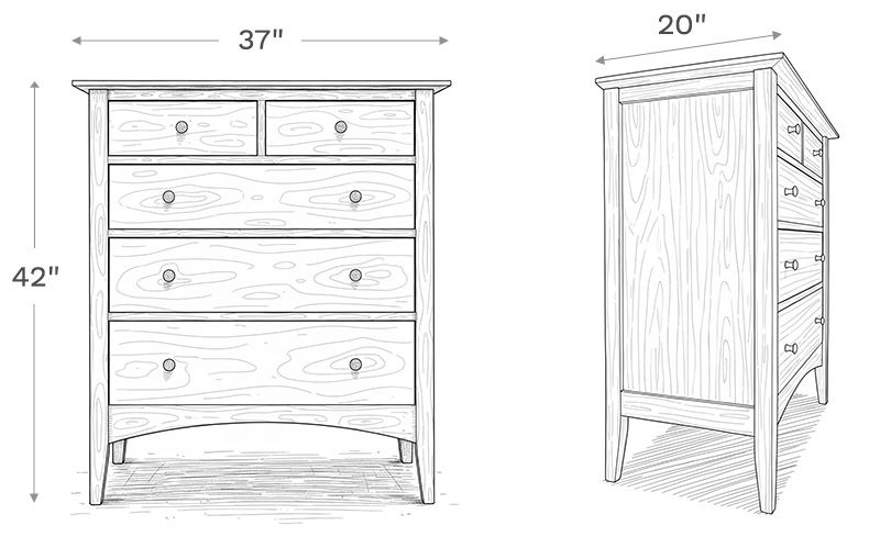 Line drawing depiction of the chest showing the main product dimensions including height, width, and depth of the chest.