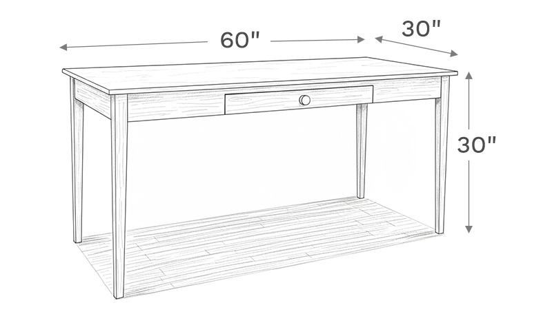 Line drawing depiction of the desk showing the main product dimensions including height, width, and depth of the desk.