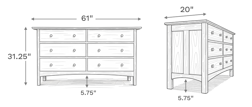 Line drawing depiction of the dresser showing the main product dimensions including height, width, and depth of the dresser.