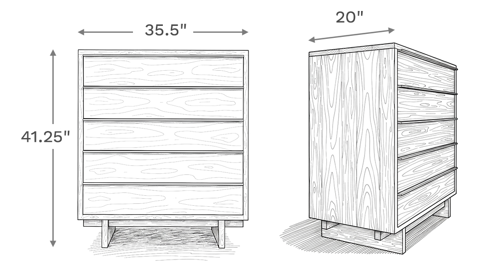 Line drawing depiction of the chest showing the main product dimensions including height, width, and depth of the chest.