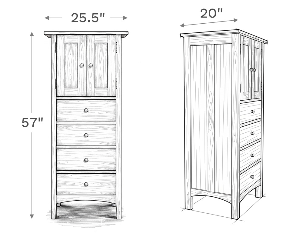 Line drawing depiction of the chest showing the main product dimensions including height, width, and depth of the chest.