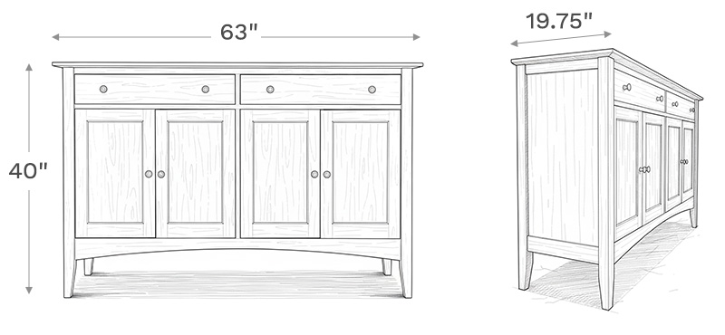 Line drawing depiction of the sideboard showing the main product dimensions including height, width, and depth of the sideboard.
