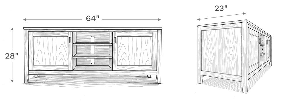 Line drawing depiction of the media console showing the main product dimensions including height, width, and depth of the media console.