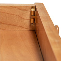 Detailed view of a soft-close keyboard tray drawer slide and mechanism.